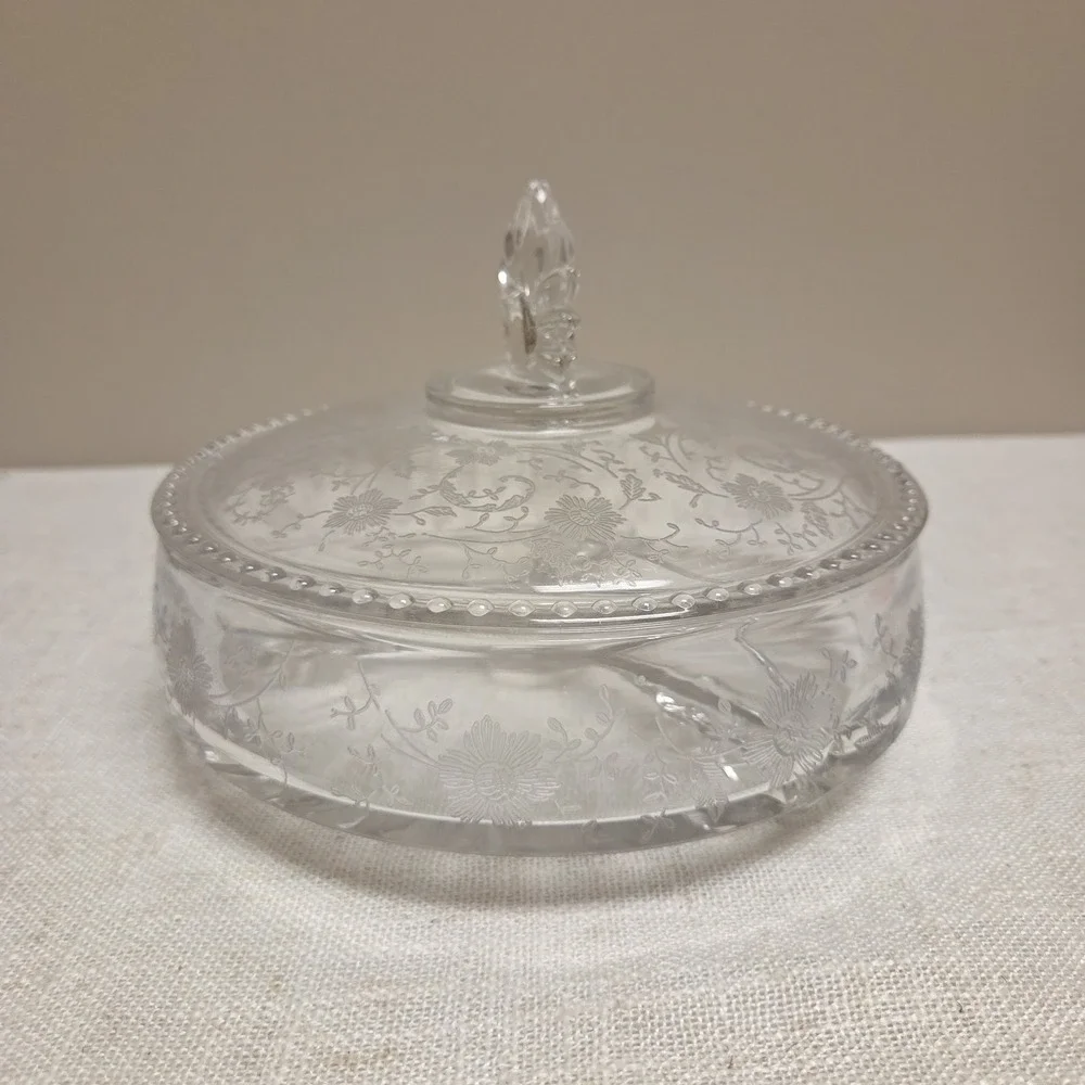 VINTAGE‎ GLASS  DIVIDED DISH WITH LID AND FLOWER DESIGNS-7